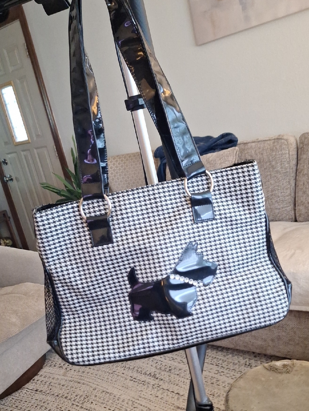 Mud Pie Black and White Houndstooth Tote with Dog Applique